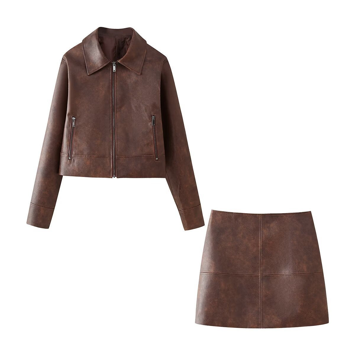 Damen cropped Kunstlederjacke mit stylischem Stehkragen und Reißverschlusstaschen R&B