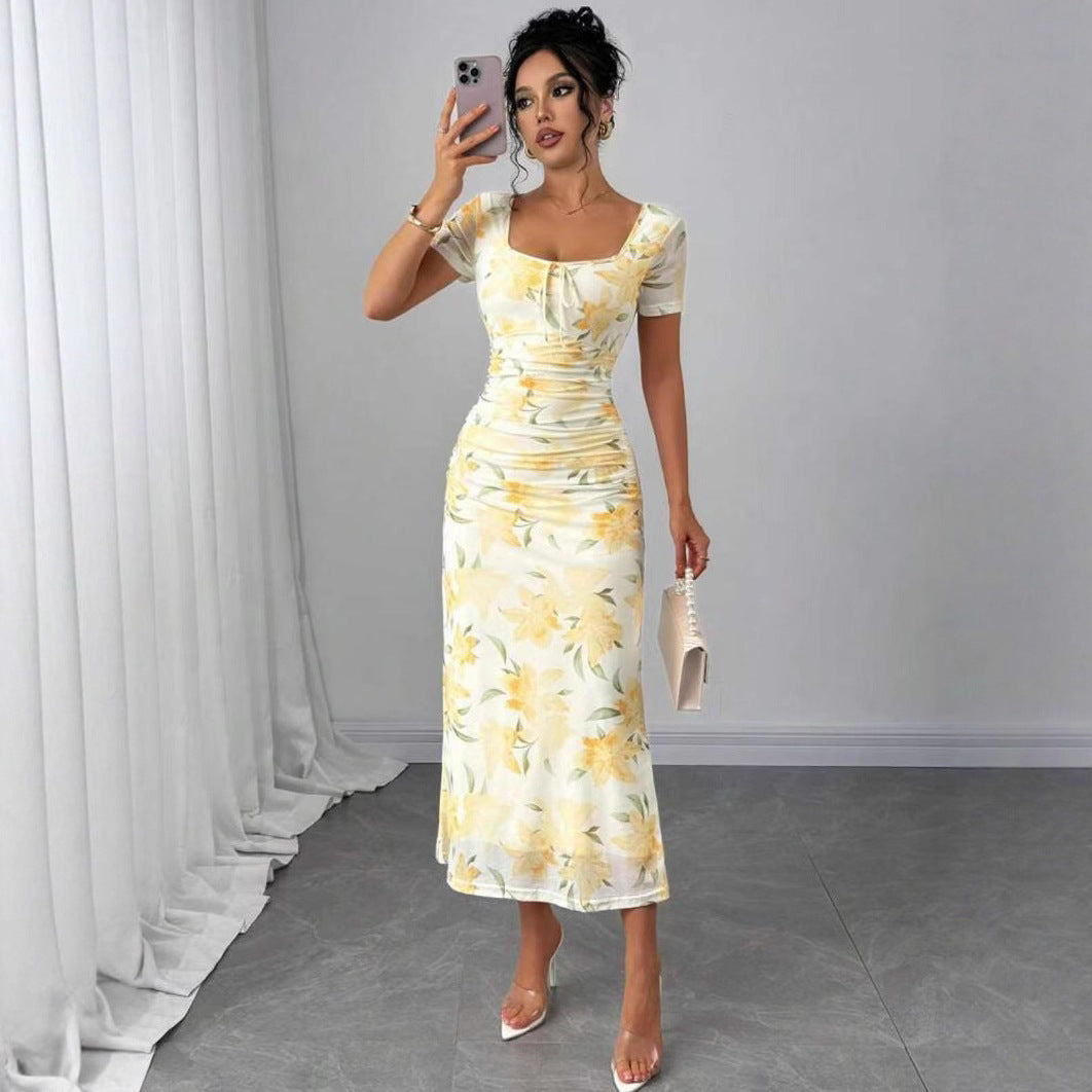 Damen Midi-Kleid mit raffinierten Falten und floralem Muster R&B