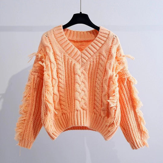 Damen Stylischer Strickpullover mit Fransen und Zopfmuster R&B
