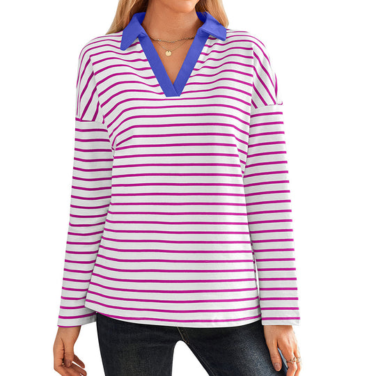 Damen gestreiftes Polo-Shirt mit V-Ausschnitt und kontrastierendem Kragen R&B