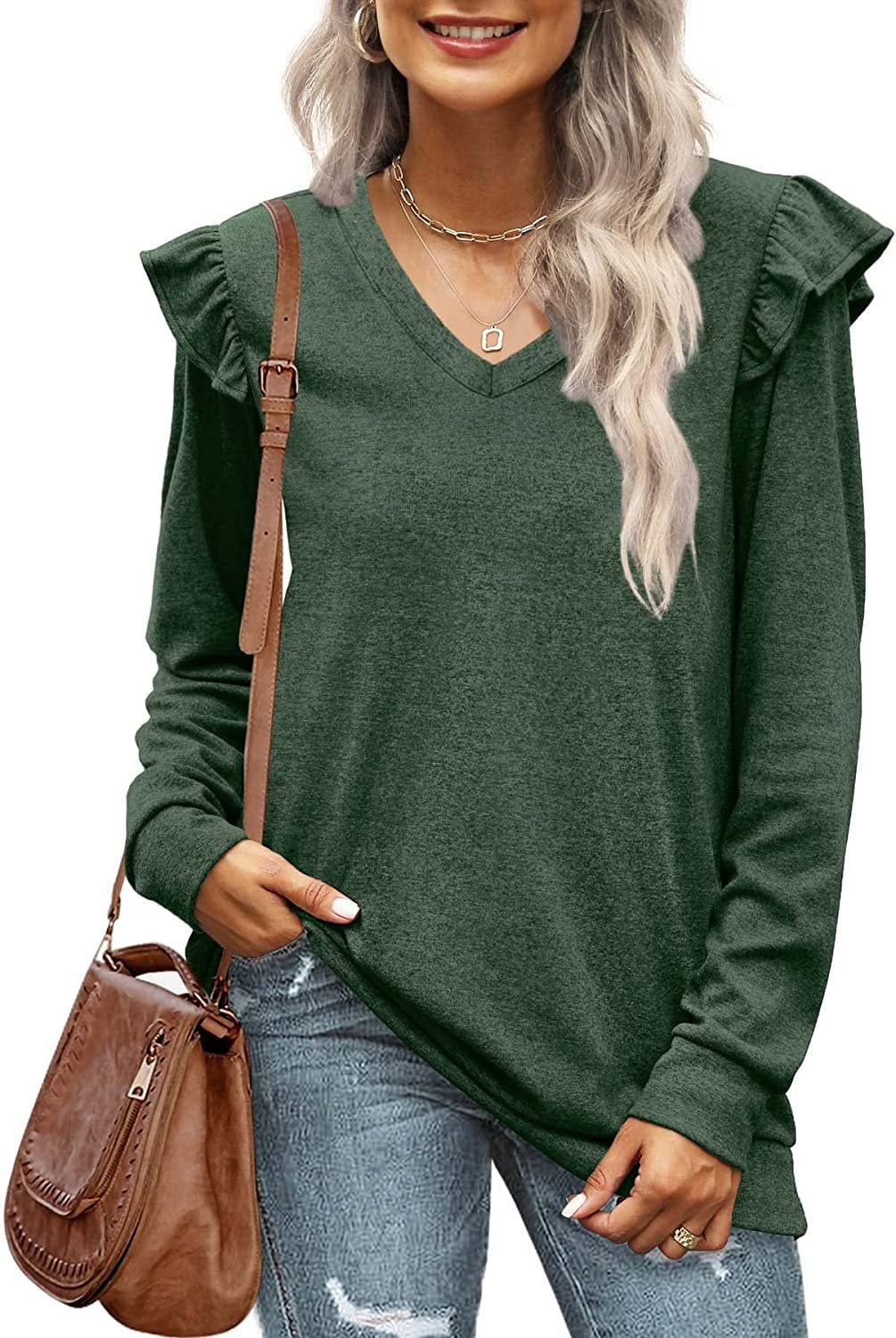 Damen V-Ausschnitt Langarmshirt mit Rüschendetails und lockerem Schnitt R&B
