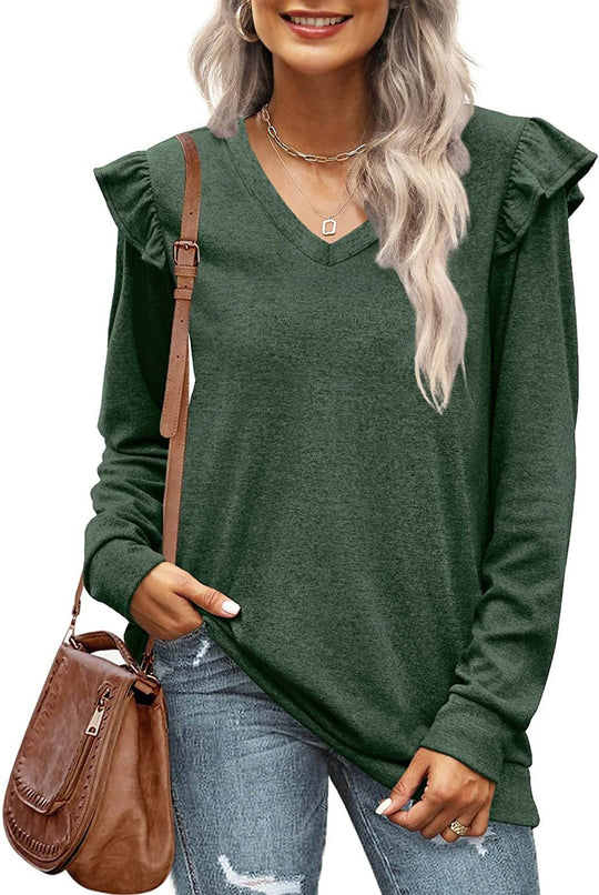 Damen V-Ausschnitt Langarmshirt mit Rüschendetails und lockerem Schnitt R&B