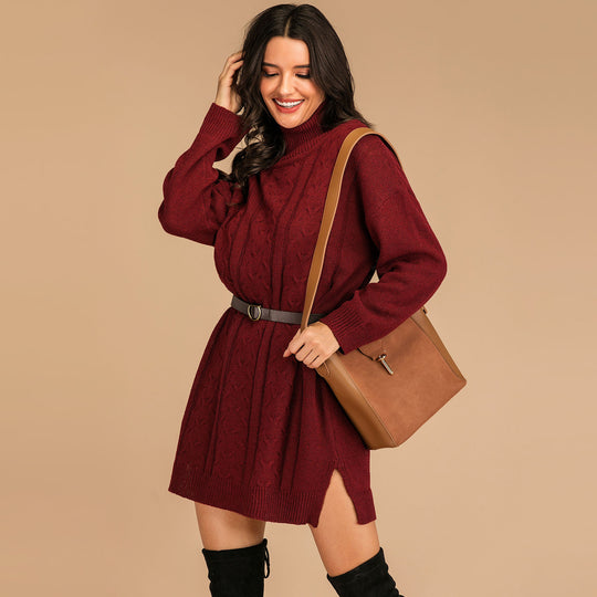 Damen Strickkleid mit hohem Kragen und seitlichen Schlitzen R&B
