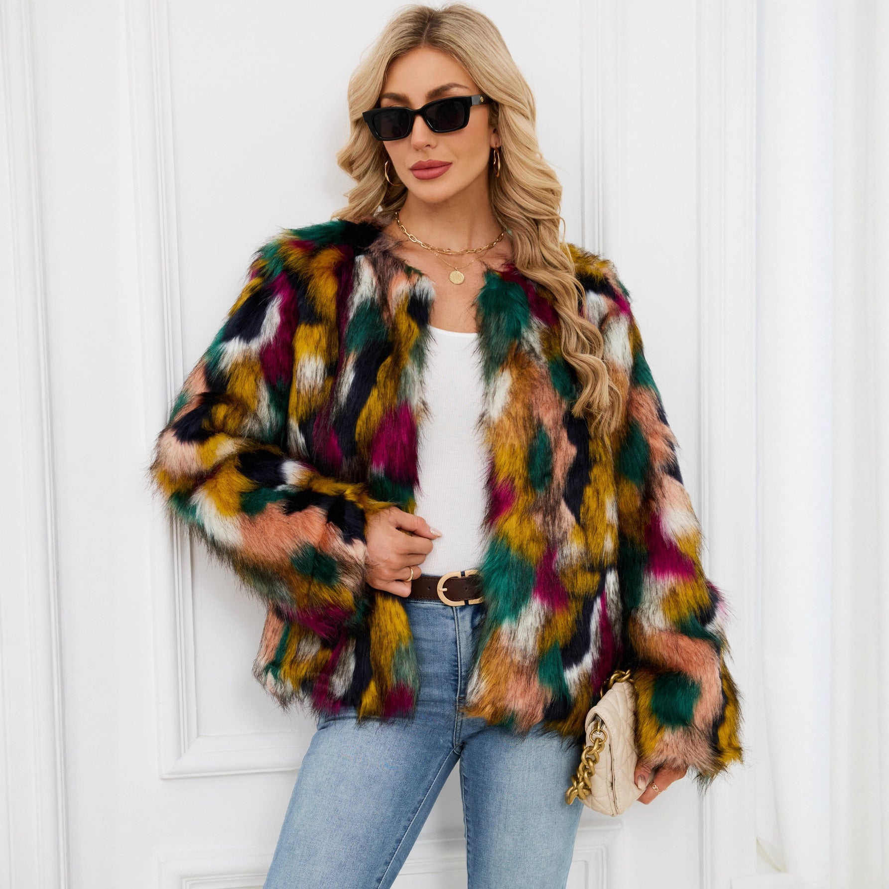 Damen Modische Kunstpelzjacke mit auffälligem Muster R&B
