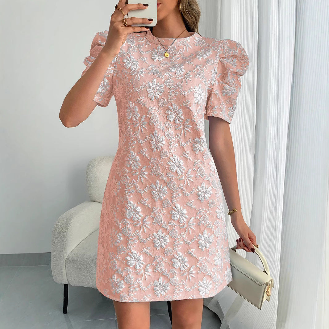 Damen nan florales Jacquard-Minikleid mit gestuften Puffärmeln R&B