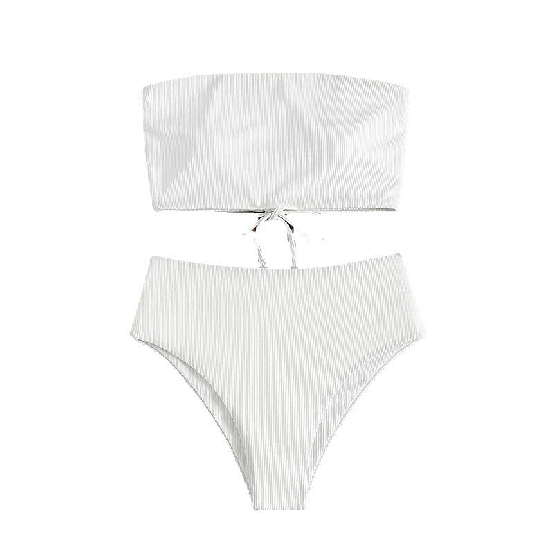 Damen Bandeau-Bikini mit hohem Bund und feinen Streifen R&B