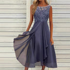 Damen nan ärmelloses Chiffon-Midikleid mit bestickter Illusionsspitze, Schiff-Ausschnitt und mehrlagigem Schwingrock R&B
