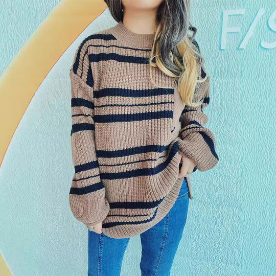 Damen lässiger Strickpullover mit modernem Streifenmuster R&B