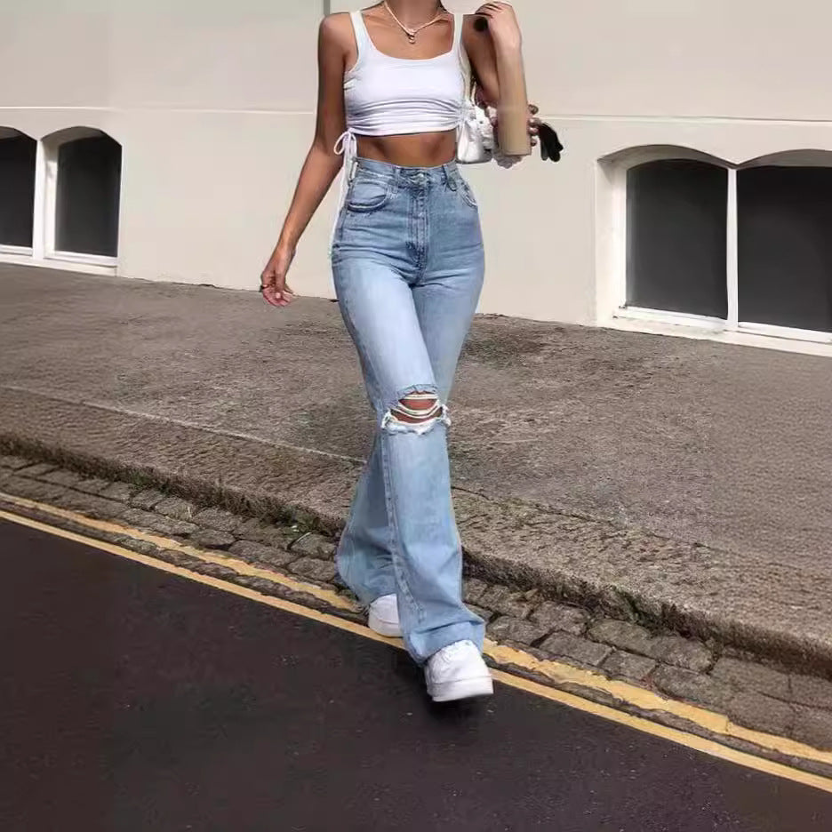 Damen Vintage Schlagjeans mit modischen Rissdetails und hohem Bund R&B