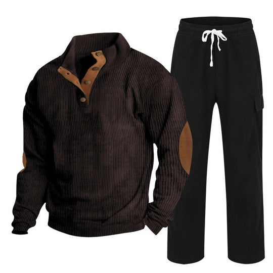 Herren nan strukturiertes Feinstrick-Halbknopf-Pullover und Feincord-Cargo-Zweiteiler R&B