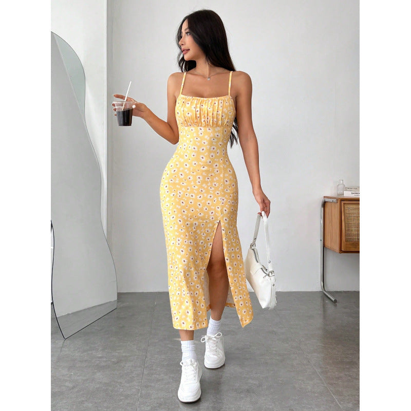 Damen Blumenkleid mit Spaghettiträgern und seitlichem Schlitz R&B