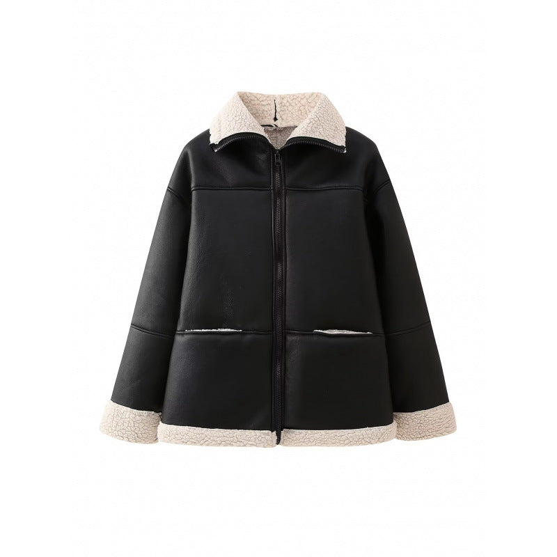 Damen Kunstlederjacke mit gemütlichem Teddyfutter und praktischen Taschen R&B