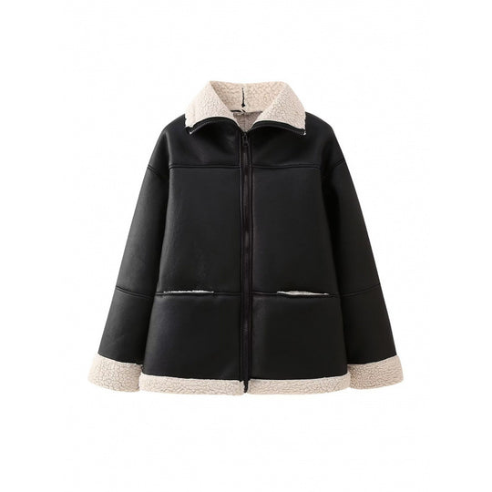 Damen Kunstlederjacke mit gemütlichem Teddyfutter und praktischen Taschen R&B