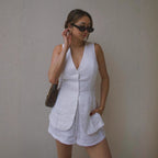 Damen Elegante Leinenbluse mit Shorts-Set R&B