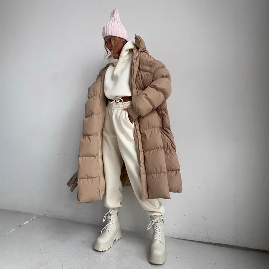 Damen Lange Steppjacke mit Kapuze und praktischem Reißverschluss R&B
