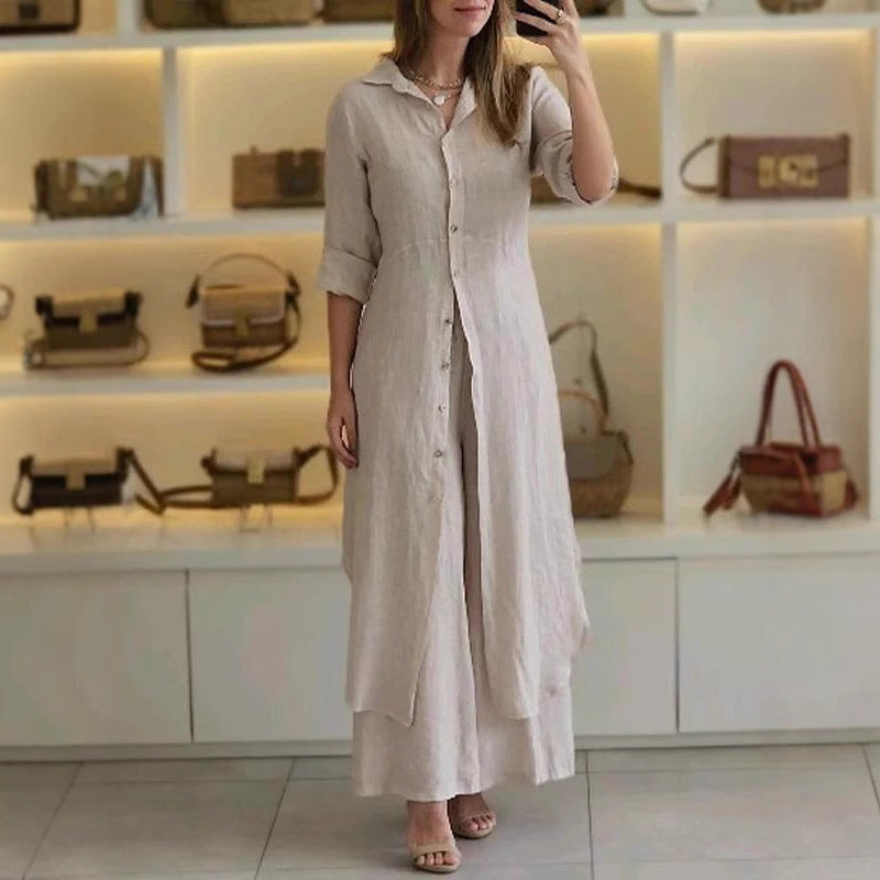 Damen nan langes Leinen-Hemdblusenkleid mit durchgehender Knopfleiste, Hemdkragen und dezentem A-Linien-Schnitt R&B