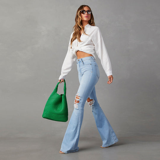 Damen Flared Jeans mit hohen Rissen und hohem Bund R&B
