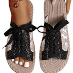 Damen Modische Zehentrenner-Pantoletten mit glitzernden Akzenten und floralen Details R&B