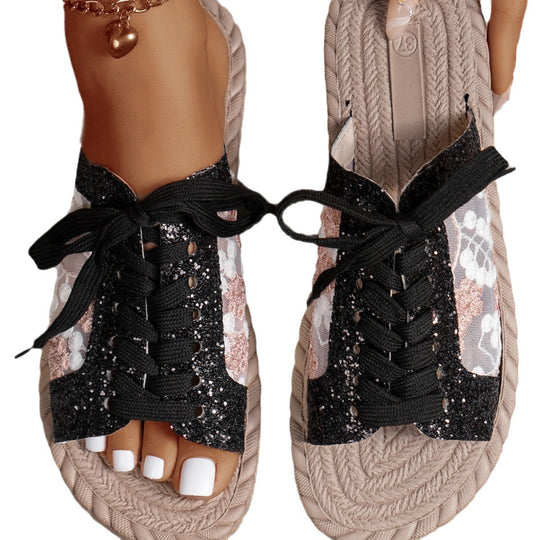 Damen Modische Zehentrenner-Pantoletten mit glitzernden Akzenten und floralen Details R&B