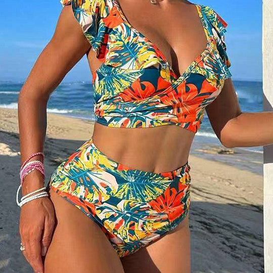 Damen Cropped Bikini-Set mit verspieltem Rüschendesign und elegantem Bindeträgersystem R&B