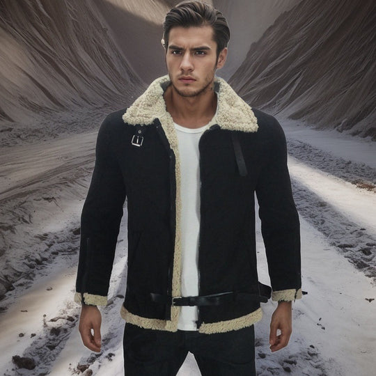 Herren Lammfelljacke mit modernem Schnitt und abnehmbarer Kapuze R&B