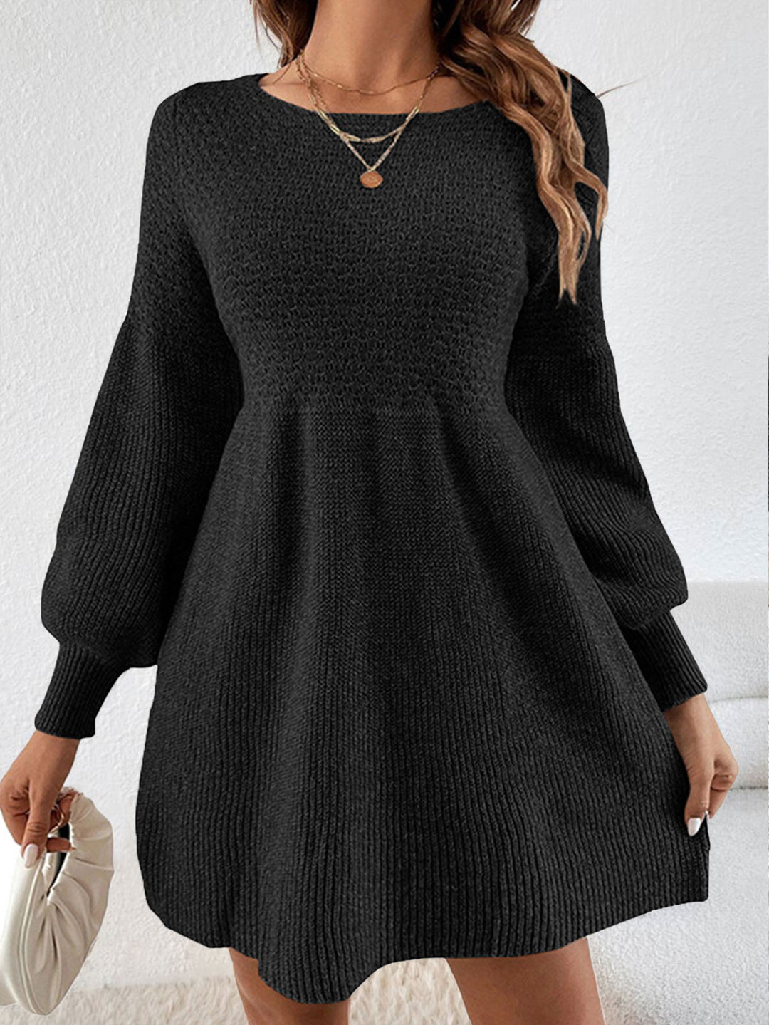Damen gestricktes Minikleid mit Ballonärmeln R&B