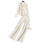 Damen elegantes Strick-Loungewear-Set mit dekorativen Knöpfen und weitem Bein R&B