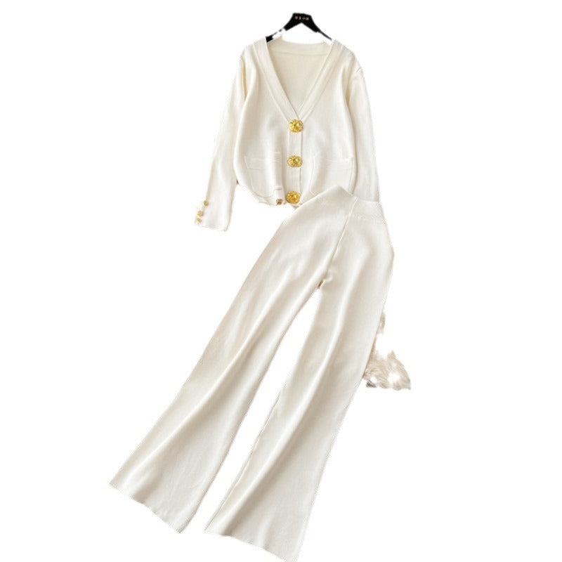 Damen elegantes Strick-Loungewear-Set mit dekorativen Knöpfen und weitem Bein R&B