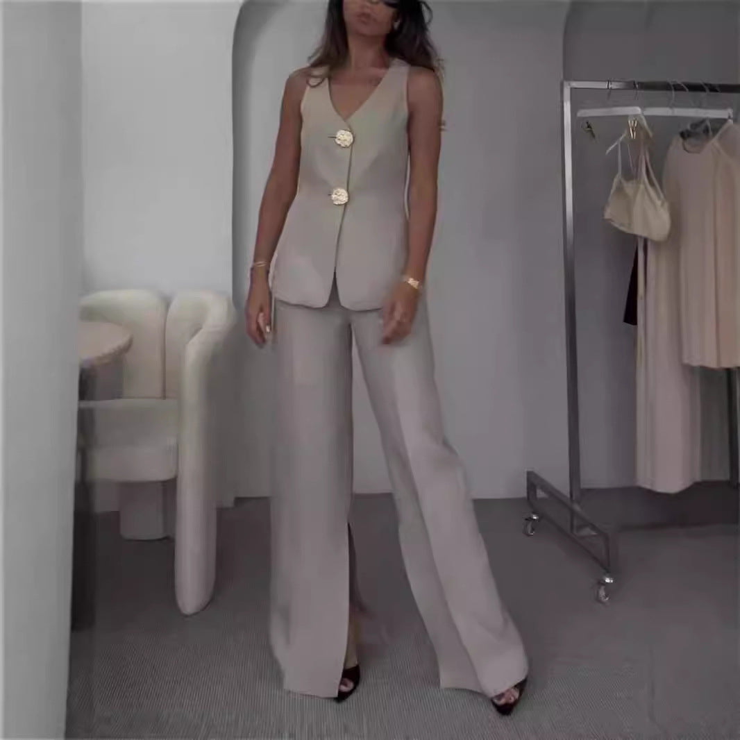 Damen Elegantes Zweiteiliges Set mit V-Ausschnitt und dekorativen Knöpfen R&B