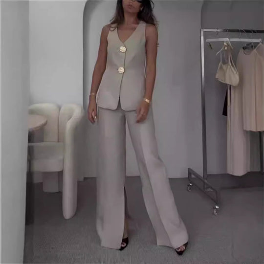 Damen Elegantes Zweiteiliges Set mit V-Ausschnitt und dekorativen Knöpfen R&B