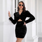 Damen figurbetontes Wickelkleid mit Puffärmeln und raffiniertem Ausschnitt R&B