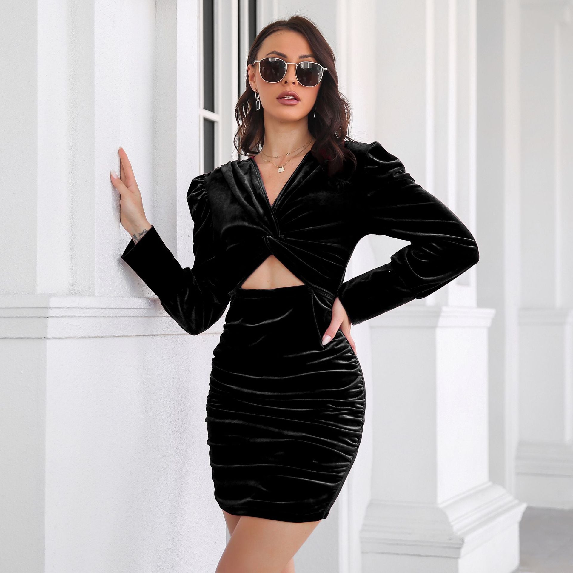 Damen figurbetontes Wickelkleid mit Puffärmeln und raffiniertem Ausschnitt R&B