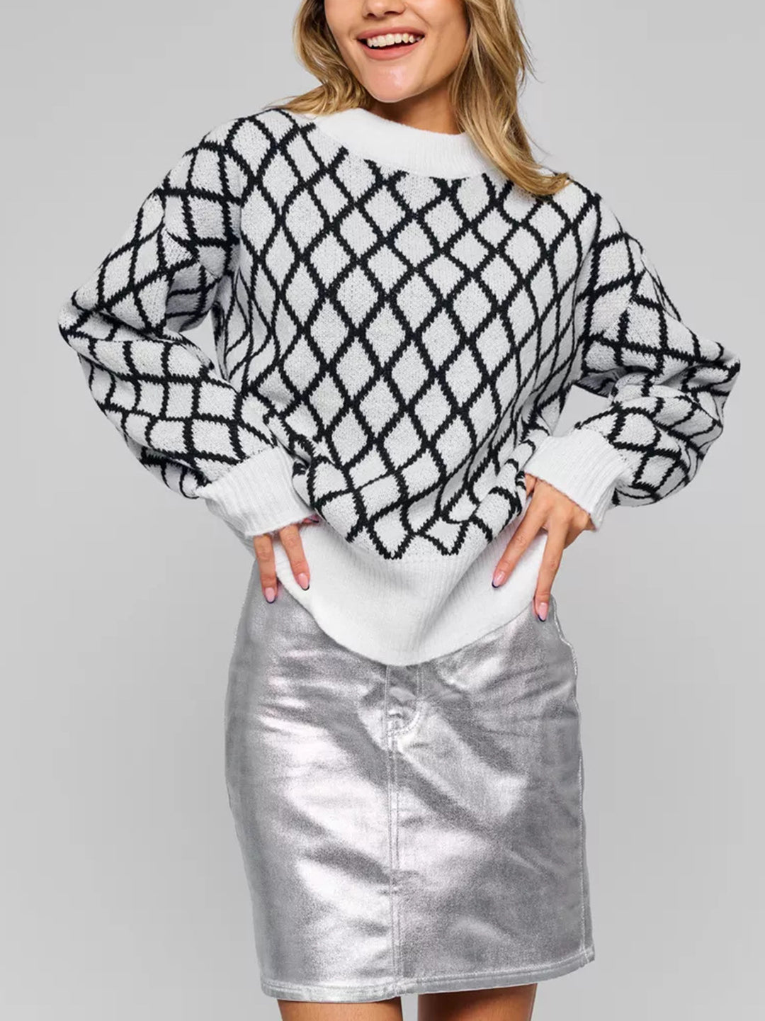 Damen lässiger Pullover mit modernem Rautenmuster und lässigem Schnitt R&B