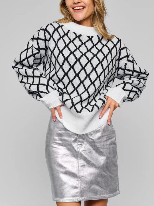 Damen lässiger Pullover mit modernem Rautenmuster und lässigem Schnitt R&B