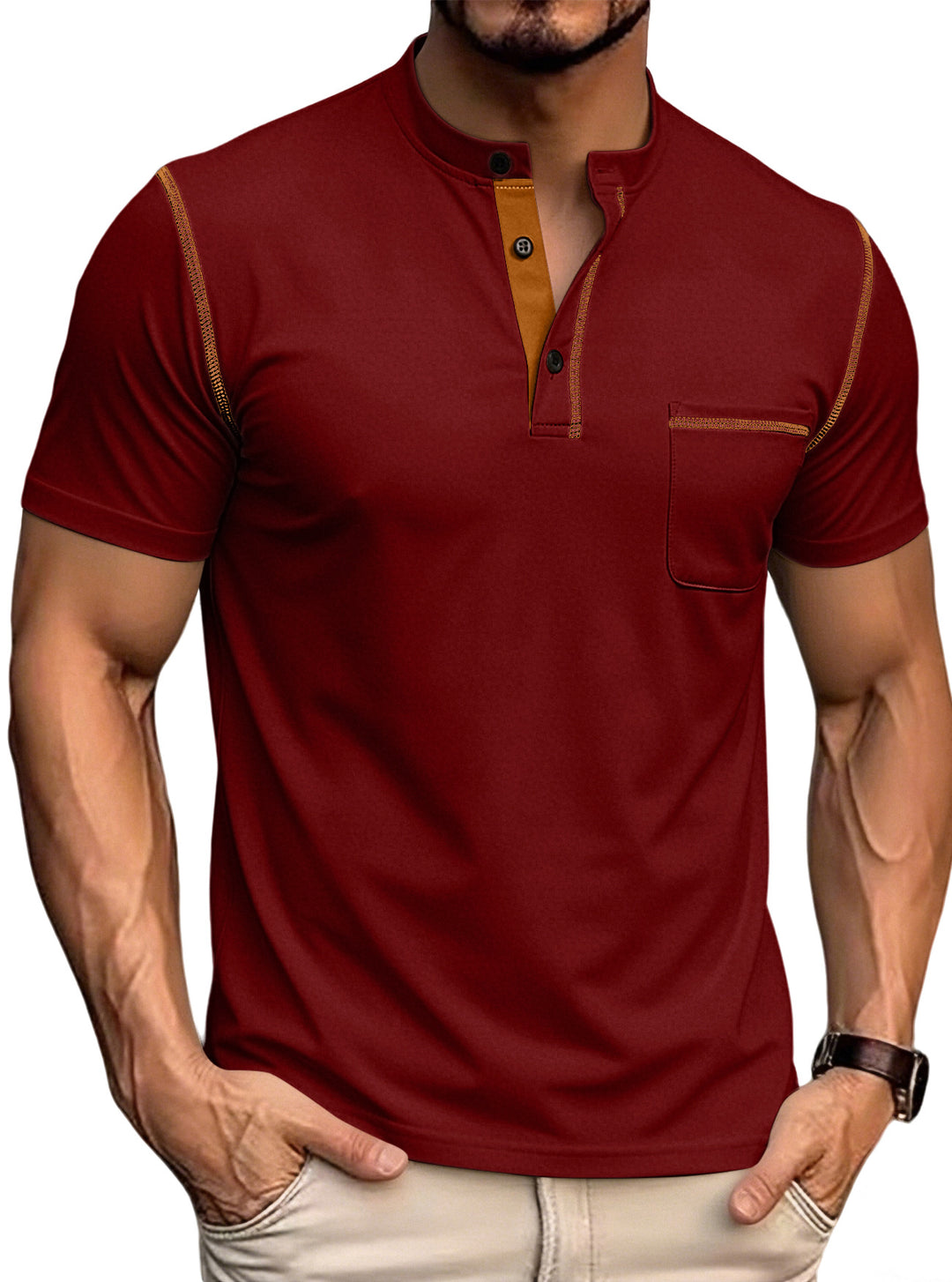 Herren nan kurzärmeliges Henley-Shirt mit Stehkragen, Brusttasche und kontrastierenden Ziernähten R&B
