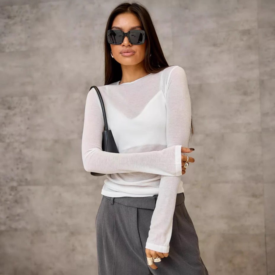 Damen Langarmshirt mit eleganten V-Ausschnitt und feinem Netzstoff R&B