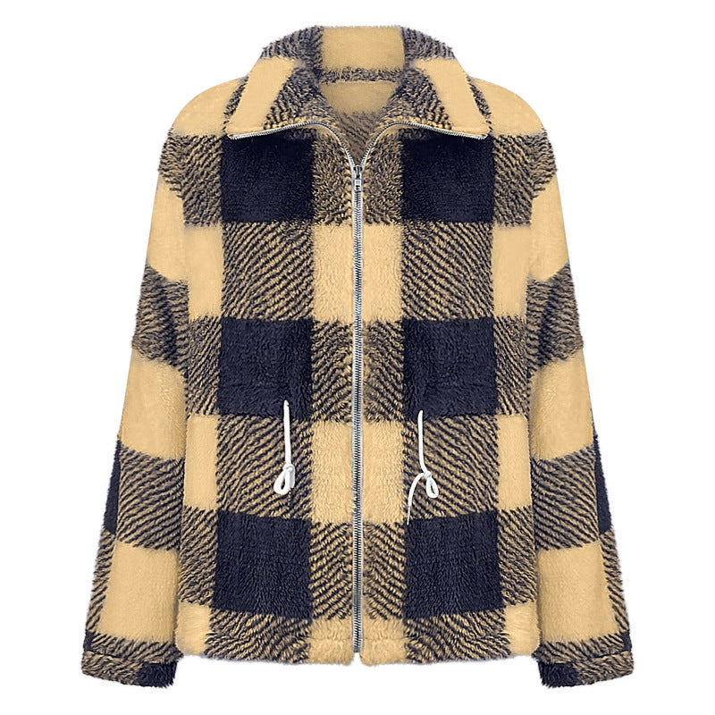 Damen kuschelige Oversize-Jacke mit kariertem Muster R&B
