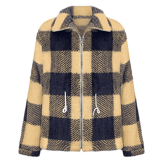 Damen kuschelige Oversize-Jacke mit kariertem Muster R&B