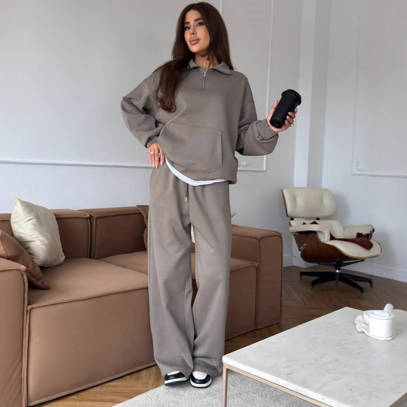 Damen lässiges Fleece-Set mit hochgeschlossenem Reißverschluss und weiten Beinen R&B