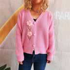 Damen Strickjacke mit verspieltem Blumenmotiv und romantischen Knopfdetails R&B