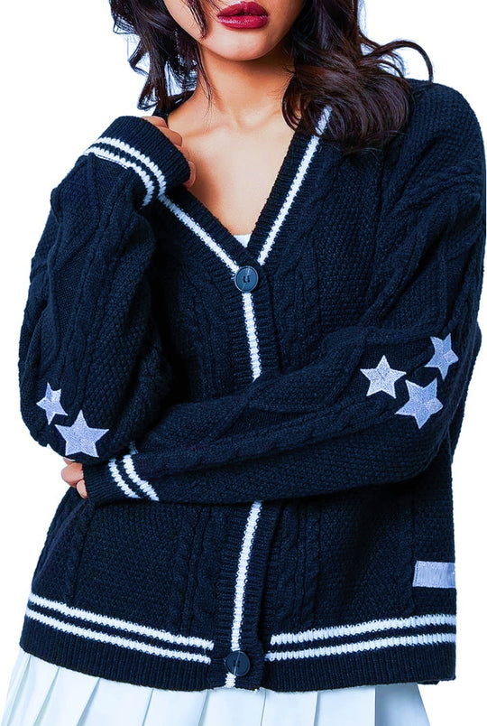 Damen Grob gestrickte Cardigan mit Sternenapplikationen und Knopfverschluss R&B