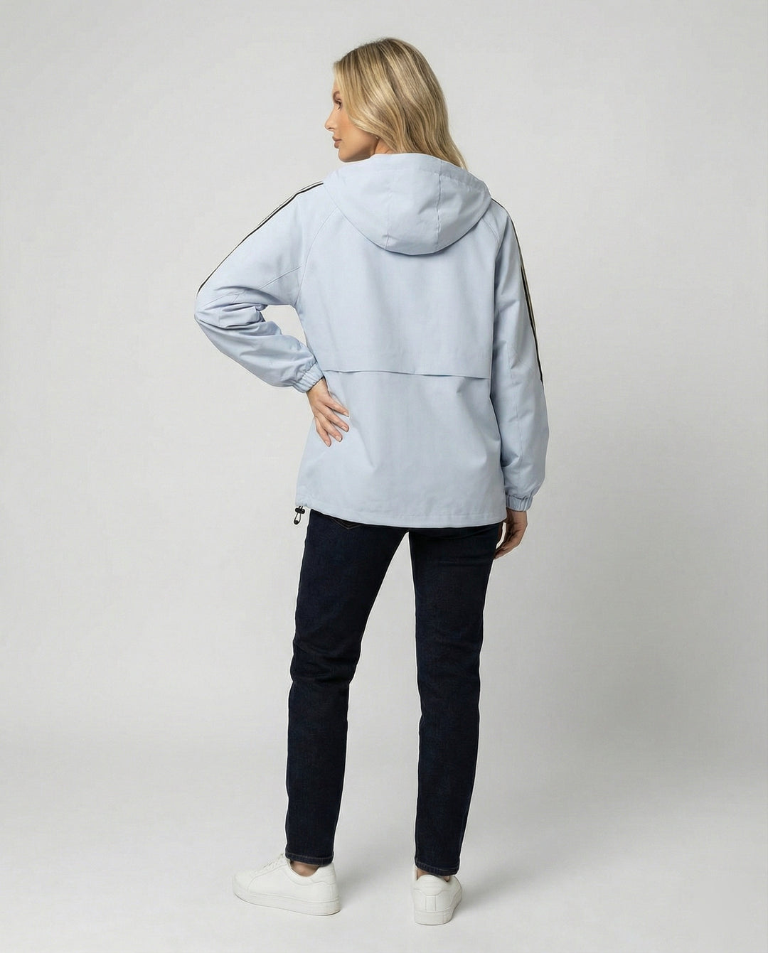 Damen leichte winddichte Kapuzenjacke im Oversize-Sportstil mit Kontraststreifen R&B