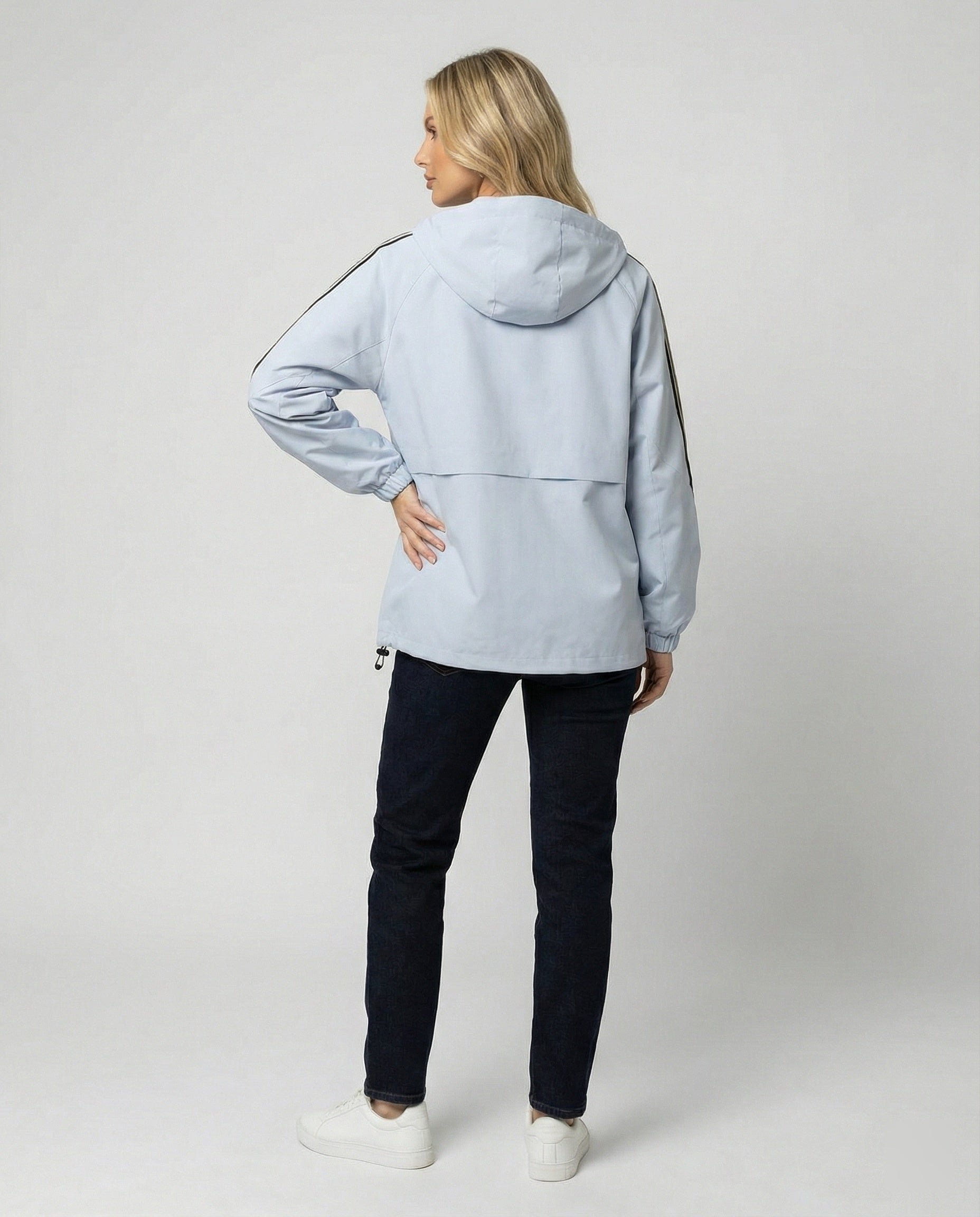 Damen leichte winddichte Kapuzenjacke im Oversize-Sportstil mit Kontraststreifen R&B
