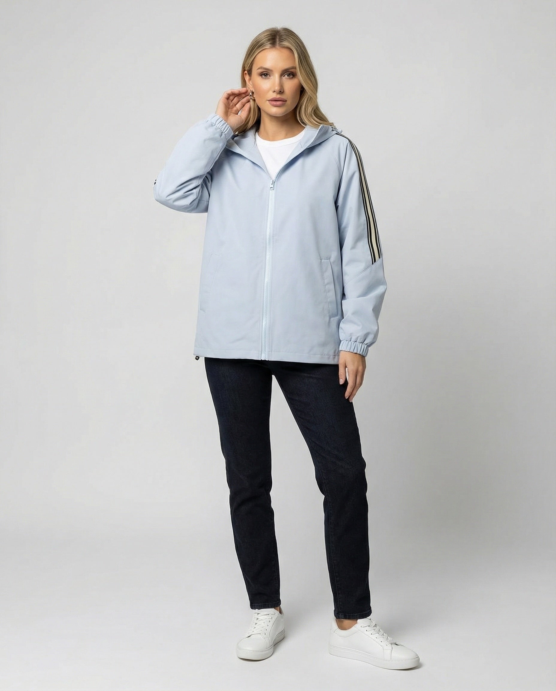 Damen leichte winddichte Kapuzenjacke im Oversize-Sportstil mit Kontraststreifen R&B