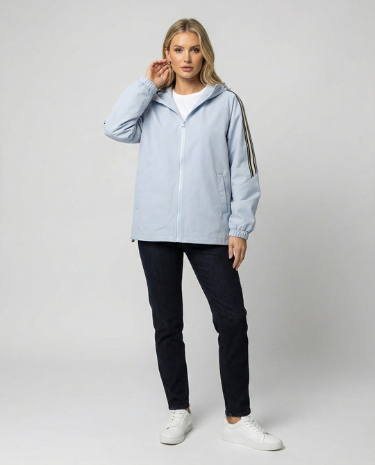 Damen leichte winddichte Kapuzenjacke im Oversize-Sportstil mit Kontraststreifen R&B