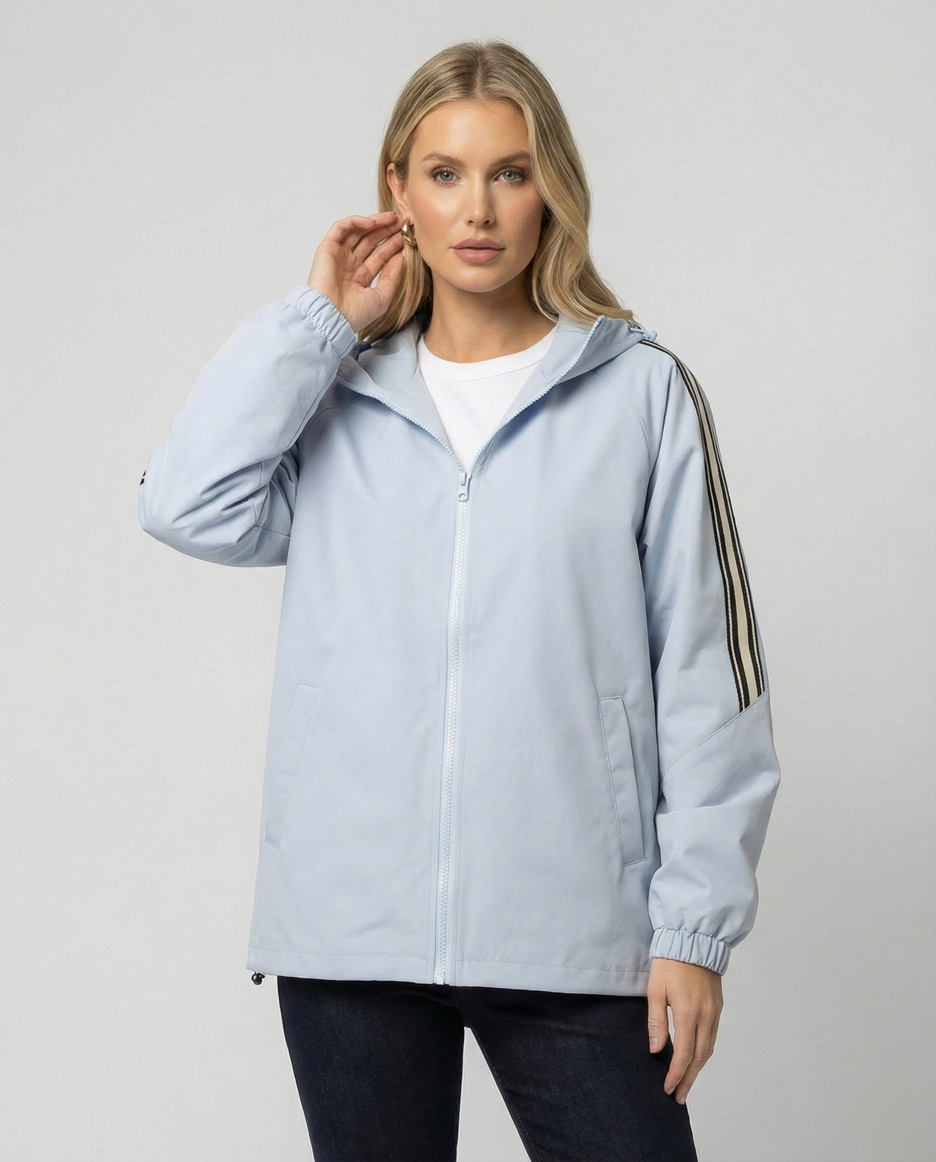 Damen leichte winddichte Kapuzenjacke im Oversize-Sportstil mit Kontraststreifen R&B