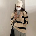 Damen Grob gestrickter Pullover mit modernem Streifenmuster und V-Ausschnitt