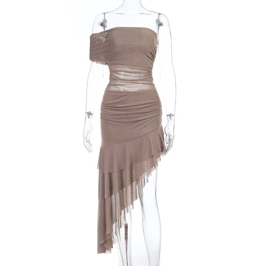 Damen schulterfreies Wickelkleid mit asymmetrischem Saum und Rüschendetails R&B