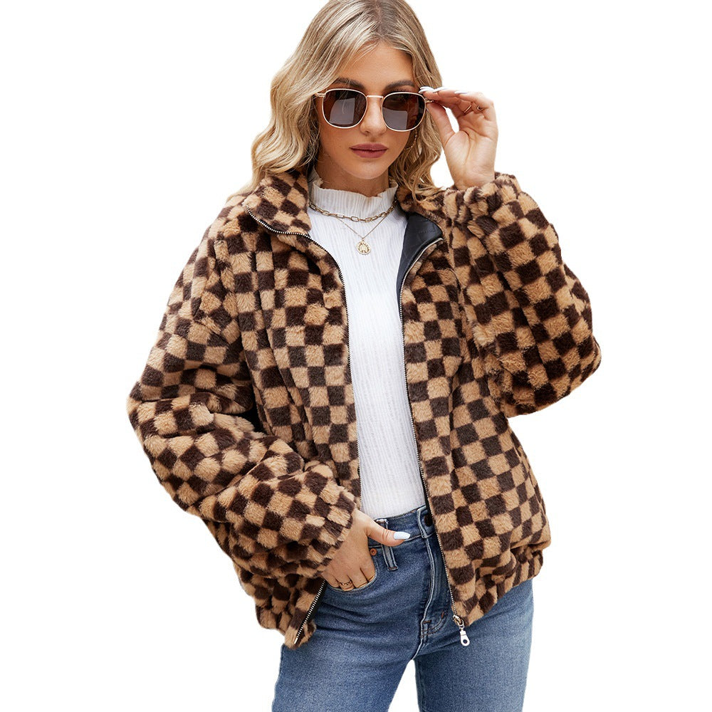 Damen Plüschjacke mit Karomuster und hohem Kragen R&B
