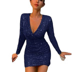 Damen Funkelndes Minikleid mit tiefem V-Ausschnitt und langen Ärmeln R&B